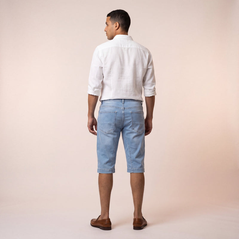 Bermuda jeans long homme bleu bleach port�, vue de dos